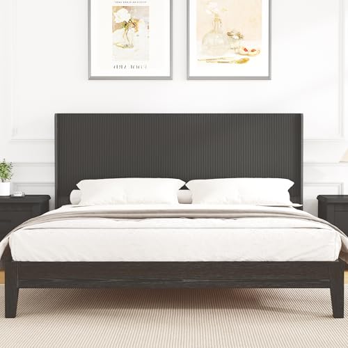 King Size Headboard with Outlets&Lighting, Black 80" W Headboard Only, Mid Century Modern Freestanding Fluted Headboard Noise-Free with Storage - color: Black, size: King