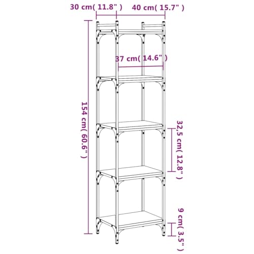 5-Tier Black Engineered Wood and Metal Bookcase, Tall Bookshelf for Living Room, Home, Office - color: Black/60.6", size: 15.7"