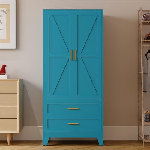 71" Tall Metal Armoire Wardrobe Closet,17.7" Deep By 31.5" Wide Portable Closet for Hanging Clothes,Wardrobe Cabinet with Drawers and Shelves for Bedroom Office Garage,Blue 1 Pack - color: Blue, size: 17.7"D x 31.5"W x 71"H-3