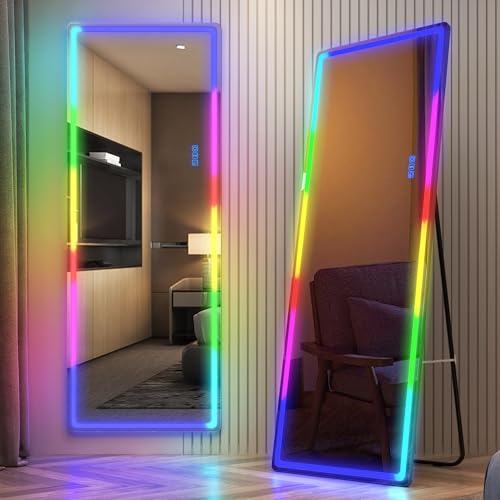 RGB Full Length Mirror with Lights, 63"X22" Full Body Mirror, Black | Standing Mirror Full Length, 7 LED Dynamic Modes, Remote&Touch Control, Tempered Glass, Floor Mirror for Bedroom Cloakroom - color: Black, size: 63"L x 22"W