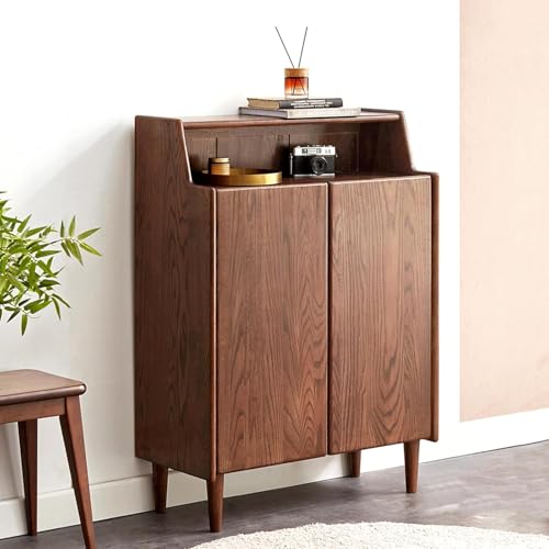 Solid Wood Shoe Cabinet with Doors, 4-Tier Adjustable Shelves Shoe Storage Organizer, Mid Century Modern Entryway Cabinet for Hallway Living Room, 14 Pairs Oak Wood Rack, 13.8" x 31.5" x 43.3", Walnut