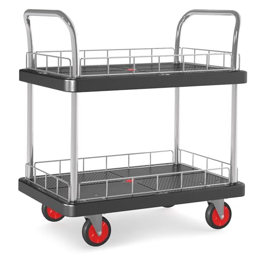 2 Shelf Utility Service Cart- 660lbs Capacity Heavy-Duty Plastic Rolling Utility Carts with 4 of 360° Swivel Wheels and Handle, Large Service Cart for Groceries,Warehouse,Garage 34.6''x 22.8'' - color: 660lbs