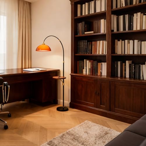 Arc Floor Lamp with Wood Tray,Over Couch Lamp,2-Tier Arcylic Shade | Adjustable Lighting Direction,Mid Century Modern Style,Stable Metal Base,Handy Storage,for Living Room Bedroom Office - color: Desk