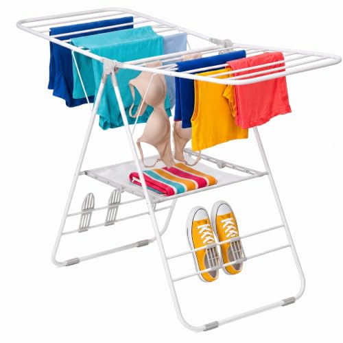 Honey-Can-Do Heavy-Duty Gullwing Clothes Drying Rack, 50 lb, White | Gullwing rack adds 46 ft of drying space with dedicated shoe bars. Sturdy metal, 50 lb capacity, folds flat. - color: White, size: 57" W