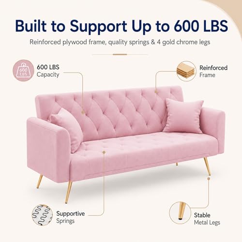 Majnesvon 71" Pink Futon Sofa Bed Couch: Velvet Fabric Memory Foam 2 Pillows Gold Metal Feet Adjustable Tufted Backrest, Convertible Folding Sleeper Loveseat for Living Room Bedroom Apartment (Pink) - color: Pink