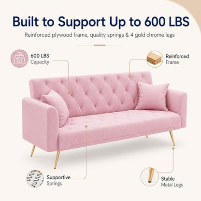 Majnesvon 71" Pink Futon Sofa Bed Couch: Velvet Fabric Memory Foam 2 Pillows Gold Metal Feet Adjustable Tufted Backrest, Convertible Folding Sleeper Loveseat for Living Room Bedroom Apartment (Pink) - color: Pink