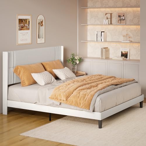 Gizoon King Bed Frame with Wingback Headboard, Upholstered Platform Bed | Bed Frame with Padded Headboard,Wooden Slats, Noise-Free, No Box Spring Needed, Easy Assembly,White - color: White, size: King