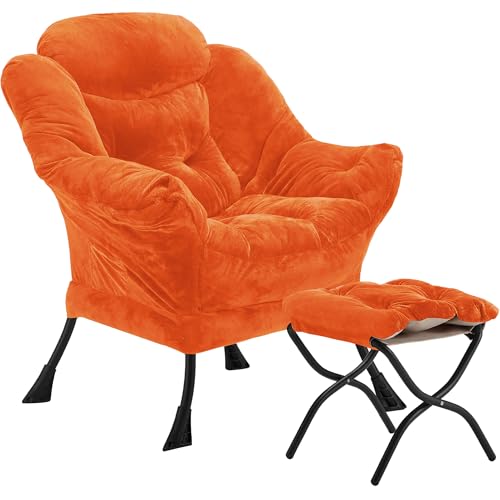Youtanic Lazy Chair with Folding Ottoman, Accent Chair Plush Upholstered with Metal Structure and Non-Slip Pads, Sofa Armchair with Footrest and Side Storage Bag for Dorm, Room, Office, Orange - color: Plush Orange