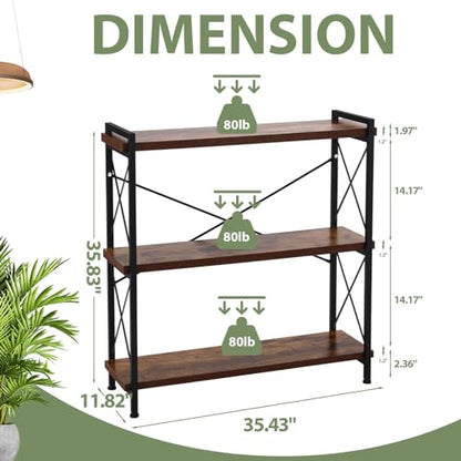 CROWNFURN 3 Tier Bookshelf 35.43" Width, Rustic Open 3 Shelf Short Bookcase with Metal Frame, Industrial Book Shelf for Home Office Bedroom Living Room (Rustic Brown)
