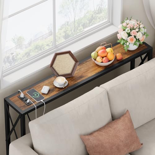 Gewudraw Narrow Console Table with Socket, Sofa Table Behind Couch, Brown | 41.8" Couch Table, Industrial Style, Long Skinny Design,For Hallway,Living Room,Bedroom, Built-In Outlets & USB,140cm Length - color: Rustic Brown, size: 41.7 in