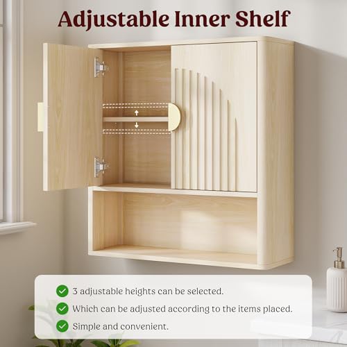 Bathroom Wall Cabinet, Fluted Medicine Cabinet, Natural | Adjustable Wood Shelf, Over The Toilet Storage Cabinet for Laundry Room, Living Room, Rounded Metal Handle, 2 Doors