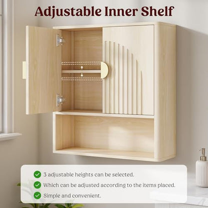 Bathroom Wall Cabinet, Fluted Medicine Cabinet, Natural | Adjustable Wood Shelf, Over The Toilet Storage Cabinet for Laundry Room, Living Room, Rounded Metal Handle, 2 Doors