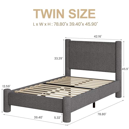 REVOMINCA Twin Boucle Bed Frame with Headboard & Footboard, Dark Grey | Upholstered platform frame has soft rounded corners, requires no box spring, and is easy to assemble. - color: Dark Grey, size: Twin