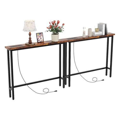 VINGLI 79" Narrow Console Table with Power Outlet 2 Pack, Rustic Brown | Entryway Table with Charging Station & 4.9 Ft Extension Cord & Adjustable Feet, behind Couch Table for Living Room, Hallway - color: Rustic Brown, size: 78.74"