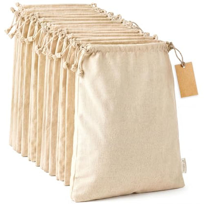 Multipurpose Eco Cloth Bags - Large 10x12 Inch (12 Pack) - Cotton Produce Storage Sacks - Muslin Drawstring Pouches for Vegetables - Bread Bags - Fabric Sachets - size: Large 10x12"