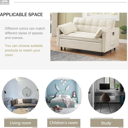 3 in 1 Convertible Sleeper Sofa Bed, Velvet Loveseat Futon Pull-Out Couch with Adjustable Reclining Backrest, Side Pockets and Pillows for Living Room, Bedroom, Apartment, Small Spaces (Beige-Velvet) - color: Beige-velvet