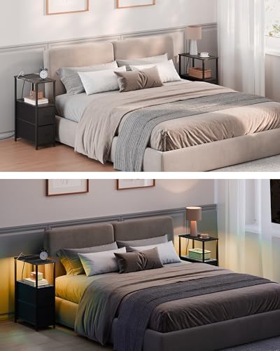 TUTOTAK Narrow LED End Table with Charging Station, Skinny Side Table | Bedside Table with Outlets, Nightstand with 2 Cloth Drawers, Couch Table for Living Room, Bedroom, Charcoal Grey TB01BY056 - color: Charcoal Grey, style: 2 Drawers with Plug & Light