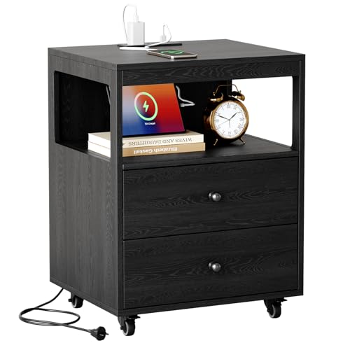 Bedroom Nightstand with Charging Station, Side Table with 2 Drawers,Sofa End Table Living Room with Wheels for Living Room Bedroom Office(Black) - color: [A2] Black