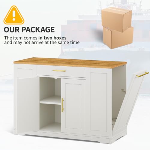 DWVO Large Kitchen Island with Trash Can Cabinet | 53 Inch Kitchen Island on Wheels, Rolling Island with Tilt‑Out Garbage Storage Fits 13 Gallon Bin - color: White