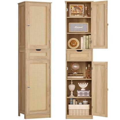 67" H Tall Storage Cabinet with 2 Rattan Doors and 1 Drawer, Narrow Rattan Cabinet with Adjustable Shelves, for Living Room, Entryway, Kitchen, Natural - color: Natural