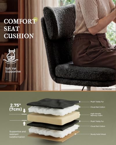 COMHOMA Vanity Chair with Ergonomic Curved Backrest, Home Office Desk Chair with Silent Wheel, Wide Seating Computer Chair for Girls Women Bedroom, Soft Teddy Fabric, Black - color: Black, Teddy Fleece