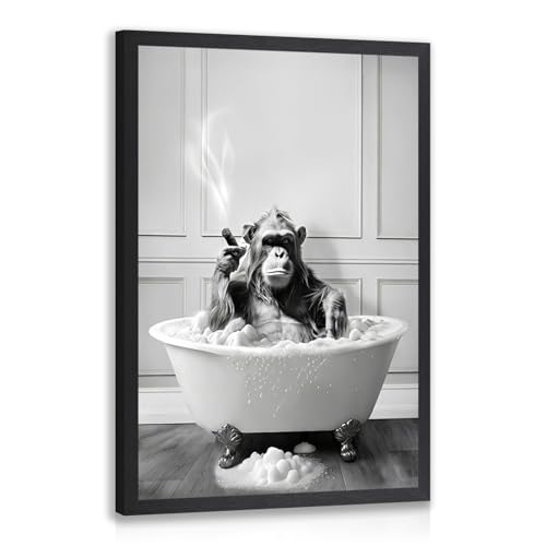 IAFWZX Wood Framed Funny Gorilla in Bathtub Bathroom Wall Art 8x10 in | Black and White Funny Bathroom Wall Decor, Gorilla Bathing in Tub with Cigar Art Print, Humorous Monkey Decor for Restroom - color: BathroomGorilla(Wood), size: 10"L x 8"W