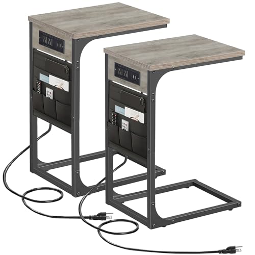TUTOTAK C Shaped End Table with Charging Station, Side Table for Sofa | Couch Table with Storage Bag, TV Tray with 2 USB Ports and Outlets, Set of 2, Living Room and Bedroom, Greige TB01BG0242 - color: Greige, size: 2 Pack (11.8"W), style: With Plug