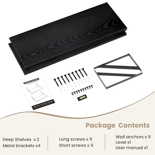Dreamland Wall Mounted Floating Shelves Set of 2, 36x12, Black | Engineered Wood, Visible Bracket, Large Storage, Hold Up to 60lbs, Living Room, Bathroom, Bedroom, Kitchen - color: Black, size: 36"W x 12"D