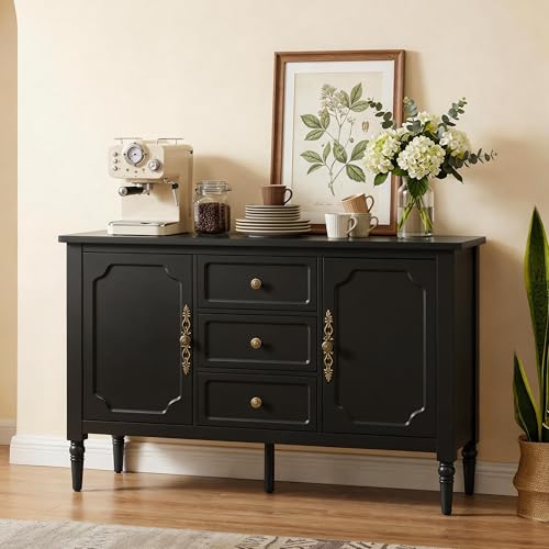 RoyalCraft Buffet Cabinet with 2 Doors & 3 Drawers, Vintage Sideboard with Storage, Painted Coffee Bar Table with Solid Wood Legs, Ideal for Kitchen, Living Room, Dining Room, Black - color: Black, style: 3 Drawers & 2 Doors