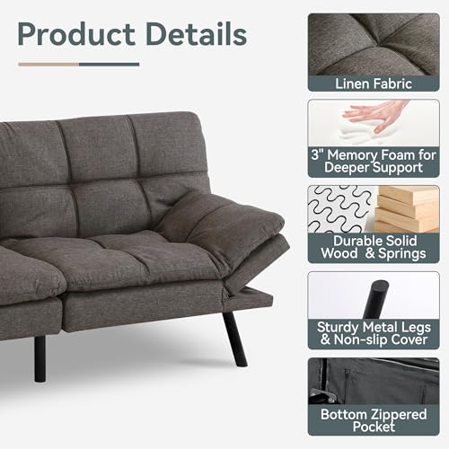 Futon Sofa Bed Convertible Couch, Grey Linen Sofa Bed | Adjustable Backrest & Armrests, Multifunctional Small Loveseat Sleeper Sofa for Living Room, Apartment, Office, Foam Couch - color: A1 | Dark Grey
