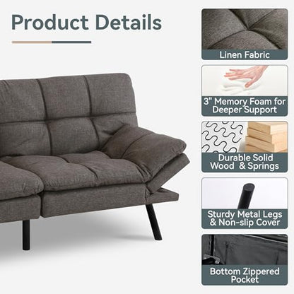 Futon Sofa Bed Convertible Couch, Grey Linen Sofa Bed | Adjustable Backrest & Armrests, Multifunctional Small Loveseat Sleeper Sofa for Living Room, Apartment, Office, Foam Couch - color: A1 | Dark Grey