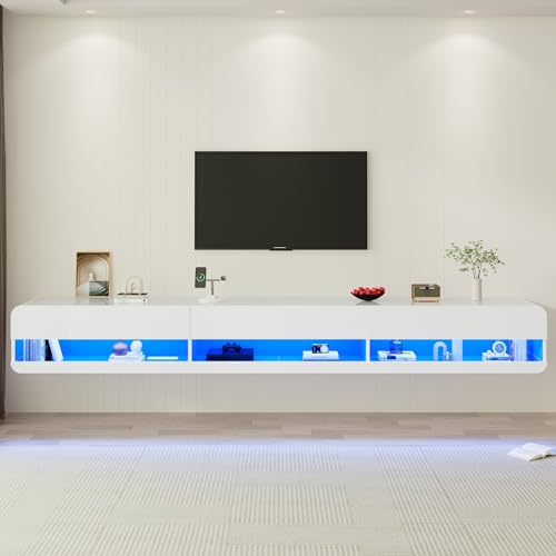 St.Mandyu Floating LED TV Stand for TVs Up to 100 inch, 94.5 inch Modern Entertainment Center with Led Lights & Power Outlet, Wall Mounted Hanging Media Console for Living Room, White - color: White