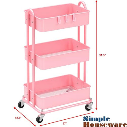 Simple Houseware 3-Tier Heavy Duty Metal Utility Rolling Cart, Pink - color: Pink