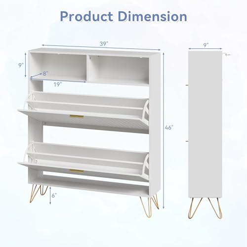 Shoe Cabinet Set of 2 with 2 Striped Flip Drawers, Storage Top, White丨Hidden Shoe Organizer, Freestanding Narrow Shoe Storage Rack for Entryway, Hallway, Entrance - color: 2pc-white, size: Large 2 Flip Drawers with Shelf