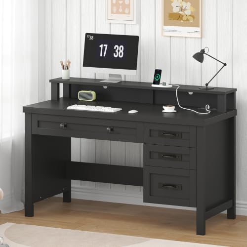 47" Farmhouse Computer Desk with Drawers & Outlets for Home Office, Bedroom | Executive Desk with Power Outlets, Home Office Desk with Monitor Stand & Drawers, Small Desk Writing Study Table, Black - color: Black