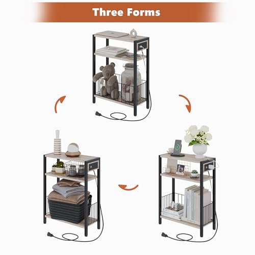 TRIFEBLE Narrow Side Table with Charging Station, Small End Table for Small Spaces, Slim Nightstand with Storage Basket, 3 Tier Skinny Bedside Table for Living Room, Bedroom, Greige - color: Greige