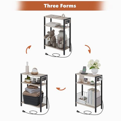 TRIFEBLE Narrow Side Table with Charging Station, Small End Table for Small Spaces, Slim Nightstand with Storage Basket, 3 Tier Skinny Bedside Table for Living Room, Bedroom, Greige - color: Greige