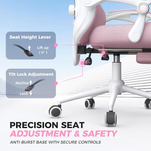 CYKOV Ergonomic Office Chair, Reclining, Footrest, Adjustable Lumbar, 350LB | 4-Way Headrest (4.72" + 60°), 2-Way Lumbar (2" + 1.18"), 90-135° Recline, Breathable Mesh, Gaming & Office, 5-Year Warranty - color: W-pink
