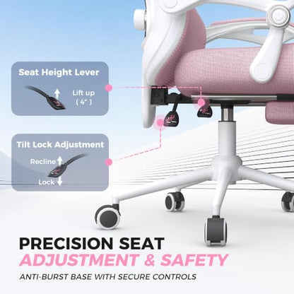 CYKOV Ergonomic Office Chair, Reclining, Footrest, Adjustable Lumbar, 350LB | 4-Way Headrest (4.72" + 60°), 2-Way Lumbar (2" + 1.18"), 90-135° Recline, Breathable Mesh, Gaming & Office, 5-Year Warranty - color: W-pink