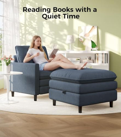 Welzona 3-Layers Cloud Accent Chair with Ottoman, 33" Teddy Reading Chair | Comfy Teddy Fabric, Washable Covers, Tool-Free Setup, All-wood Arm Chair and Ottoman Sets for Living Room, Bedroom, Blue Grey - color: Blue Grey, size: cloud chair & ottoman