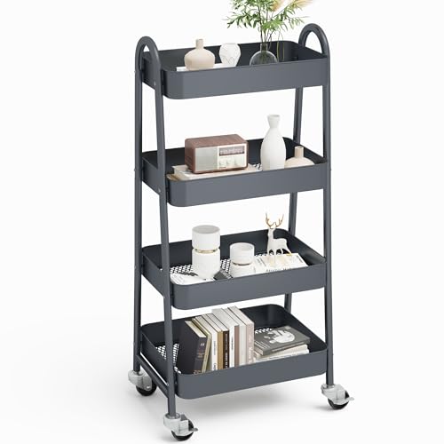 NEWBULIG 4-Tier Metal Rolling Storage Utility Cart with Lockable Wheels | Mobile Organizer Shelf, Space-Saving, Freestanding, Bathroom, Living Room, Slim, Narrow Corner Spaces, Grey - color: Gray, size: 4 Tier