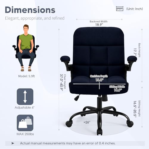 Office Chair with Wheels, Ergonomic Home Office Computer Chair with Flip-up Armrest, Adjustable Rolling Desk Chair Teddy Fleece – Dark Blue - color: Dark Blue