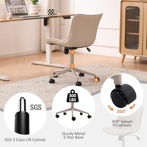 YOUTASTE All Cream Office Chair, Modern Armless Desk Chair with Back, Adjustable Swivel Rolling Faux Leather Task Chair with Wheels Metal Base for Home Office, Study, or Vanity - color: All Cream