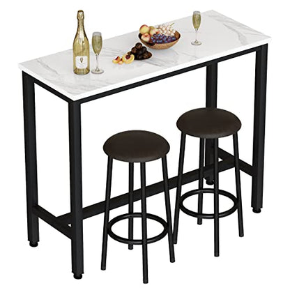 AWQM 47.2" Bar Table Set of 2,Faux Marble Pub Height Table and Chairs Set of 2 with Upholstered Stools,3 Piece Bar Table and Chairs Set Dining Table Set for Living Room,Kitchen,Bar,White & Brown - style: Modern 47.2"
