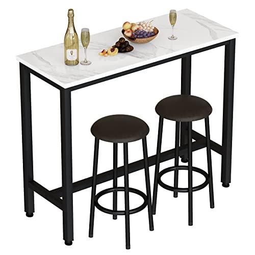 AWQM 47.2" Bar Table Set of 2,Faux Marble Pub Height Table and Chairs Set of 2 with Upholstered Stools,3 Piece Bar Table and Chairs Set Dining Table Set for Living Room,Kitchen,Bar,White & Brown - style: Modern 47.2"
