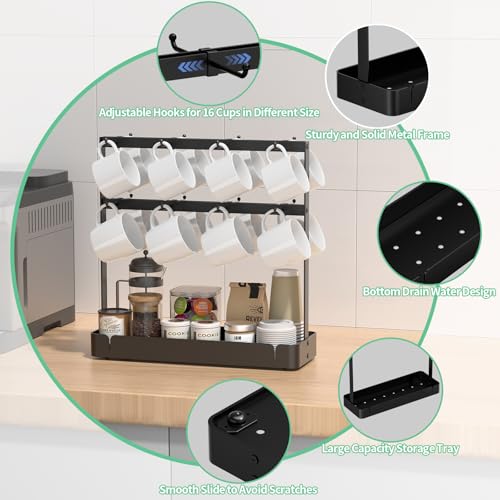 Coffee Mug Holder, 2 Tier Metal Mug Rack with 16 Movable Hooks | Extra Cup Holder for Countertop, Organize Coffee Mugs, Cups, Coffee Pods and Accessories for Kitchen, Coffee Bar, Office