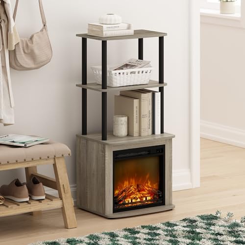Furinno Turn-N-Tube 2-Tier Tall TV Entertainment Side Table Display Rack with Fireplace Insert, French Oak Grey/Black - color: French Oak Grey, size: Fireplace Side Table
