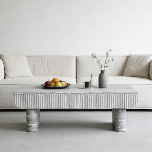 46.85" Coffee Table with Faux Marble Tabletop & Fluted Drawer for Living Room, Modern Rectangular MDF Wooden Centre Table Tea Table for Apartment, Grey - color: 46.85" Coffee Table With Faux Marble Tabletop,grey