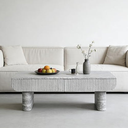 46.85" Coffee Table with Faux Marble Tabletop & Fluted Drawer for Living Room, Modern Rectangular MDF Wooden Centre Table Tea Table for Apartment, Grey - color: 46.85" Coffee Table With Faux Marble Tabletop,grey