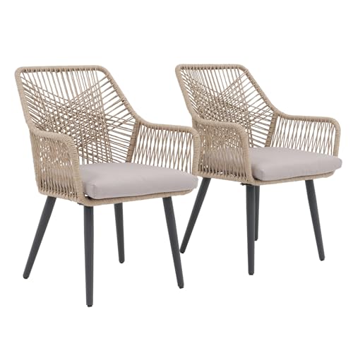 Patio Dining Chairs Set of 2, Woven Outdoor Chairs with Armrest, Tan | All-Weather Woven Rope Rattan & Iron Frame, w/Seat Cushions,350lb Weight Capacity, for Backyard, Deck, Indoor Dining Kitchen - color: Tan & Cross Back, size: 2 Pcs-Dining Chairs